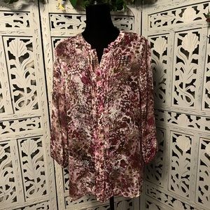 COVINGTON EXCITING DARK RED MAROON MULTICOLORS SHEER LONG SLEEVE PLUS TOP